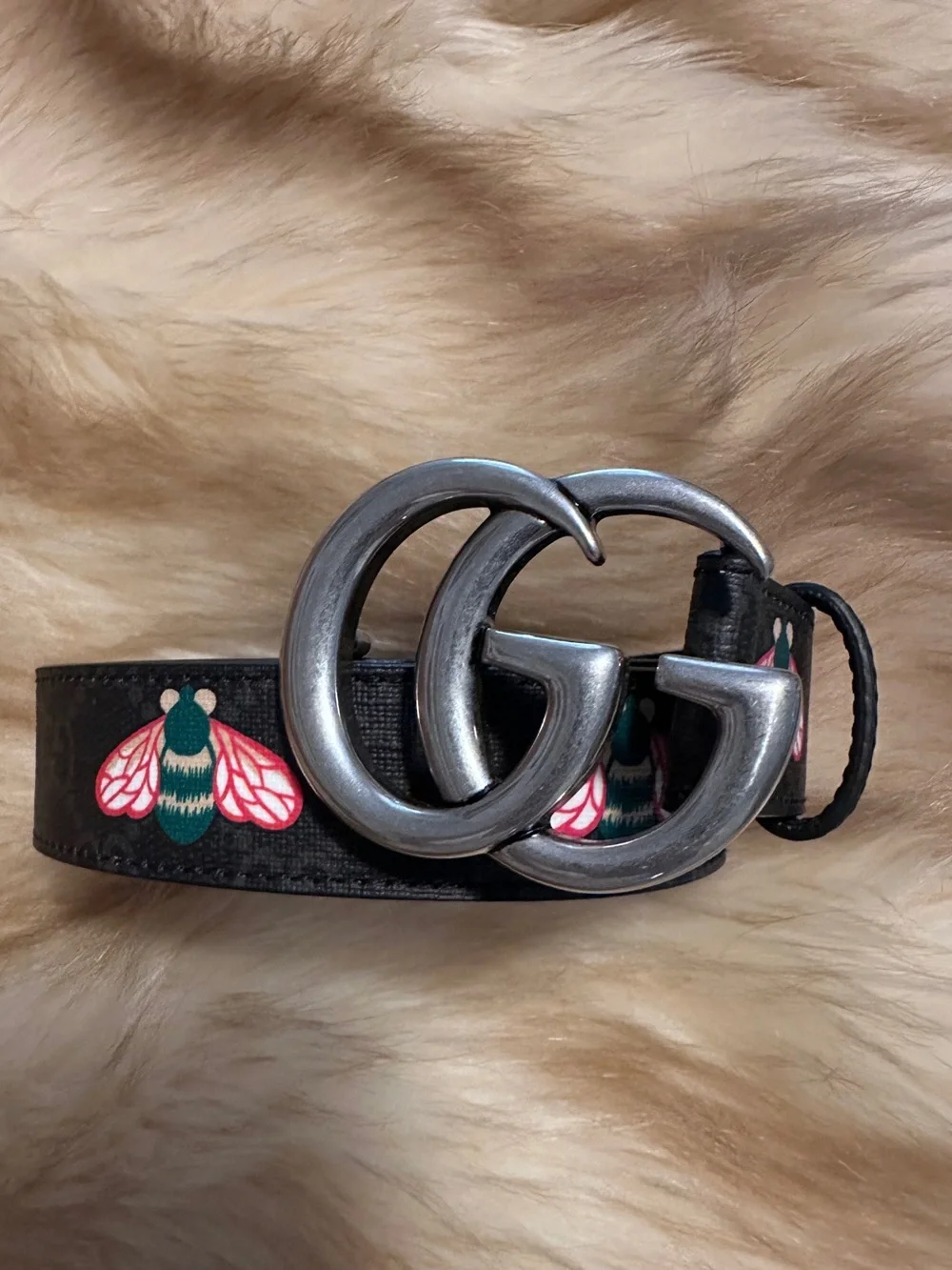 Gucci Black Bee-Print Leather Belt with Silver Double-G Buckle